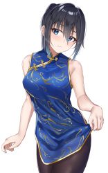 Rule 34 | 1girl, bare arms, bare shoulders, black hair, black pantyhose, blue eyes, blue hair, blush, breasts, china dress, chinese clothes, closed mouth, commentary request, dress, gradient hair, hair between eyes, head tilt, highres, medium breasts, mole, mole under eye, multicolored hair, original, pantyhose, simple background, skirt hold, sleeveless, sleeveless dress, smile, solo, tapioka (oekakitapioka), thighband pantyhose, white background