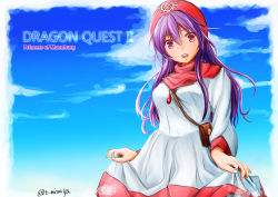 Rule 34 | 1girl, breasts, clothes lift, commentary request, curly hair, dragon quest, dragon quest ii, dress, dress lift, highres, hood, long hair, long sleeves, looking at viewer, mizuya chiharu, princess of moonbrook, purple hair, robe, skirt, skirt lift, smile, solo, standing, white dress, white robe