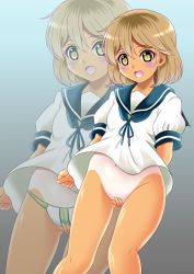 Rule 34 | 1girl, aka kitsune, blonde hair, bottomless, covering privates, covering crotch, kantai collection, looking at viewer, multicolored clothes, multicolored panties, navel, oboro (kancolle), open mouth, panties, school uniform, serafuku, short hair, smile, solo, tan, tanline, underwear, yellow eyes, zoom layer