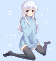 Rule 34 | 1girl, black thighhighs, blue background, blue eyes, blush, ciel sacred, flat chest, full body, hair between eyes, heterochromia, long hair, looking at viewer, mishima kurone, no pants, no shoes, original, red eyes, ribbed sweater, simple background, sitting, sleeves past wrists, smile, solo, star (symbol), sweater, thighhighs, v arms, wariza, white hair