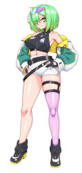 Rule 34 | 1girl, artist request, belt, black gloves, boots, breasts, check artist, collarbone, covered erect nipples, cropped jacket, dog tags, eyewear on head, full body, gloves, green hair, hair ornament, hairclip, hands on own hips, highres, jacket, large breasts, looking at viewer, mimisan tokachi, off shoulder, original, partially fingerless gloves, shiny clothes, shiny skin, short hair, short shorts, shorts, single thighhigh, skindentation, smile, solo, standing, sunglasses, thighhighs, white background, white shorts