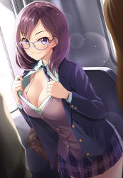Rule 34 | 1girl, bag, blazer, blush, bra, breasts, brown hair, cardigan, cleavage, closed mouth, commentary request, dress shirt, glasses, grey-framed eyewear, highres, idolmaster, idolmaster cinderella girls, indoors, jacket, large breasts, long hair, looking at viewer, miniskirt, mk (mod0), necktie, open clothes, open shirt, plaid, plaid skirt, purple bra, purple cardigan, purple eyes, purple hair, purple jacket, purple neckwear, purple skirt, school bag, school uniform, shirt, skirt, smile, solo focus, standing, underwear, white shirt, yagami makino