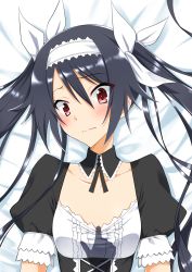 Rule 34 | 1girl, alternate costume, bed sheet, black hair, bow, breasts, clothes pull, collarbone, detached collar, eyebrows, frown, hair bow, highres, invisible man, long hair, looking at viewer, lying, maid, maid headdress, on back, ore twintail ni narimasu, red eyes, shirt pull, small breasts, solo, tsube aika, twintails, upper body, yuto (dialique)