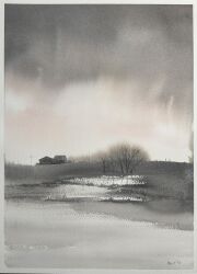 Rule 34 | 2others, bare tree, building, day, dead plants, grey sky, highres, house, mouen tw, multiple others, original, painting (medium), pond, scenery, sky, snow, traditional media, tree, water, watercolor (medium)