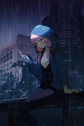 Rule 34 | 1girl, arknights, blue eyes, blue hoodie, blue jacket, blue poison (arknights), city, commentary request, frog girl, highres, hood, hoodie, jacket, liquid, naxu, outdoors, pink hair, poison, rain, sad, solo