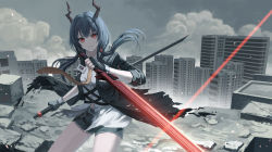 Rule 34 | 1girl, arknights, belt buckle, black gloves, black jacket, black shorts, blue hair, breasts, buckle, building, ch&#039;en (arknights), closed mouth, cloud, cowboy shot, dual wielding, fingerless gloves, gloves, highres, holding, holding sword, holding weapon, horns, id card, jacket, long hair, long sleeves, looking at viewer, open clothes, open jacket, outdoors, red eyes, scenery, shirt, short shorts, shorts, skyscraper, small breasts, solo, sword, torn clothes, torn jacket, v-shaped eyebrows, weapon, white shirt, xukong