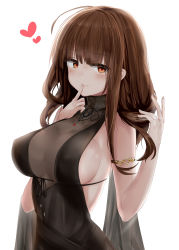 Rule 34 | 1girl, absurdres, ahoge, armlet, black dress, blunt bangs, blush, breasts, brown hair, casual, choker, cleavage, closed mouth, cup, dress, dsr-50 (girls&#039; frontline), dsr-50 (highest bid) (girls&#039; frontline), earrings, finger to mouth, gem, girls&#039; frontline, hair ornament, heart, heart-shaped pupils, highres, jewelry, large breasts, leaning forward, long hair, looking at viewer, no bra, official alternate costume, pendant, petals, red eyes, red gemstone, ring, ru zhai, side slit, sideboob, sidelocks, simple background, smile, solo, symbol-shaped pupils, thighs, upper body, very long hair, wavy hair, wedding band, white background
