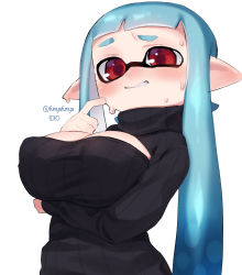 Rule 34 | 1girl, aqua hair, black sweater, blush, breasts, busujima funya, cleavage, cleavage cutout, clothing cutout, covered erect nipples, domino mask, highres, inkling player character, large breasts, long hair, long sleeves, mask, nintendo, parted lips, pointy ears, red eyes, ribbed sweater, simple background, solo, splatoon (series), sweat, sweater, tentacle hair, turtleneck, turtleneck sweater, twintails, twitter username, upper body, white background