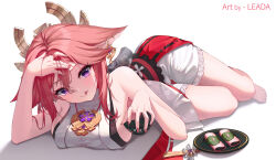 Rule 34 | 1girl, :q, absurdres, bare legs, barefoot, bowl, breasts, commentary request, earrings, food, genshin impact, hair between eyes, hair ornament, highres, holding, holding bowl, japanese clothes, jewelry, large breasts, leada, long hair, looking at viewer, lying, necklace, nontraditional miko, on stomach, pink hair, plate, purple eyes, sakura mochi, sideboob, sidelocks, simple background, sleeveless, smile, solo, toes, tongue, tongue out, twisted torso, vision (genshin impact), wagashi, white background, yae miko