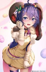 Rule 34 | 1girl, absurdres, animal ears, artist name, bernadetta von varley, bernadetta von varley (spring), blush, brown hairband, cowboy shot, dress, dress tug, easter, easter egg, egg, fake animal ears, fire emblem, fire emblem: three houses, fire emblem heroes, flower, gloves, grey eyes, hair between eyes, hair ornament, hairband, highres, holding ear, jewelry, looking at viewer, nintendo, official alternate costume, open mouth, puffy short sleeves, puffy sleeves, purple hair, rabbit ears, ryo-suzuki, short hair, short sleeves, shorts, simple background, solo, sweat, twitter username, wavy mouth, white gloves, yellow dress