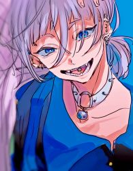 Rule 34 | 1boy, blue background, blue eyes, collar, fangs, grey hair, highres, long sleeves, looking at viewer, male focus, multicolored hair, natsume ryu, open mouth, paradox live, ponytail, purple hair, shirota69, short hair, sketch, solo, spiked collar, spikes