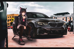 Rule 34 | 1girl, absurdres, animal ears, black choker, black footwear, black hair, blue archive, bmw, bmw m340i, car, cat ears, cellphone, choker, cloud, commentary, english commentary, halo, highres, holding, holding phone, kazusa (blue archive), letterboxed, looking at viewer, motor vehicle, multicolored hair, nougat (73r1r1), open mouth, phone, pink eyes, pink hair, shoes, sitting, sky, smartphone, smile, sneakers, solo, streaked hair, vehicle focus