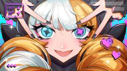 Rule 34 | 1girl, blue eyes, close-up, eye symbol, gwen (league of legends), highres, league of legends, long hair, looking at viewer, makeup, mizilone, multicolored hair, open mouth, orange hair, smile, solo, teeth, upper teeth only, white hair