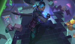 Rule 34 | 1boy, absurdres, armor, black hair, blue eyes, blue hair, brand (league of legends), clenched teeth, cube, dated, haoyufeng, highres, holding, holding sheath, holding sword, holding weapon, katana, league of legends, long hair, male focus, malzahar, multicolored hair, muscular, pixelated, ponytail, poro (league of legends), scar, scar on face, sheath, sheathed, signature, solo focus, standing, sword, tears, teeth, weapon, yasuo (league of legends), ziggs
