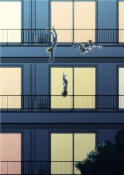 Rule 34 | 1girl, 2boys, bad id, bad pixiv id, black hair, building, clothed male nude female, clothes pull, falling, highres, maru (314), multiple boys, nonomiya shiho, nude, open mouth, original, outstretched arms, pants, pants pull, railing, suicide, tree, window