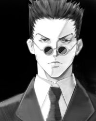Rule 34 | 1boy, absurdres, commentary, derivative work, formal, frown, greyscale, highres, hunter x hunter, leorio paladiknight, male focus, monochrome, necktie, portrait, solo, suit, sunglasses, v-shaped eyebrows, xyanaid