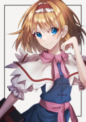 Rule 34 | 1girl, alice margatroid, blonde hair, blue dress, blue eyes, book, capelet, closed mouth, dress, hairband, highres, holding, holding book, lolita hairband, red hairband, short hair, short sleeves, simple background, smile, solo, touhou, upper body, wanko sora, white background, white capelet