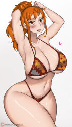 Rule 34 | 1girl, armpits, arms up, bikini, blush, bob (bobtheneet), breasts, cleavage, curvy, feet out of frame, female focus, groin, heart, high ponytail, highres, large breasts, legs, long hair, looking at viewer, nami (one piece), navel, one piece, orange hair, parted lips, red eyes, sidelocks, simple background, solo, standing, swimsuit, thick thighs, thighs, thong, tying hair, white background, wide hips