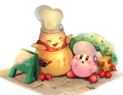 Rule 34 | :d, ^ ^, apple, badge, blush, bush, button badge, cauldron, chef hat, chef kawasaki, closed eyes, commentary request, food, fruit, hand up, happy, hat, in cauldron, kawao9, kirby, kirby (series), kirby cafe, looking at another, nintendo, no humans, open mouth, sign, simple background, smile, star (symbol), star block, stone floor, white background, white headwear
