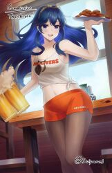 Rule 34 | 1girl, :d, bare shoulders, blue eyes, blue hair, brand of the exalt, breasts, chair, chicken (food), cleavage, commission, cowboy shot, cup, doiparuni, fire emblem, fire emblem awakening, food, highres, holding, holding cup, holding plate, hooters, indoors, long hair, looking at viewer, lucina (fire emblem), midriff, mug, navel, nintendo, open mouth, orange shorts, pantyhose, plate, shirt, short shorts, shorts, sidelocks, sleeveless, sleeveless shirt, small breasts, smile, solo, symbol in eye, table, tank top, tiara, tied shirt, white tank top, window
