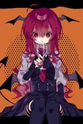 Rule 34 | 1girl, bat wings, black dress, black nails, black sleeves, black thighhighs, cup, dress, drinking glass, feet out of frame, hair between eyes, head wings, highres, holding, holding cup, koakuma, long hair, looking at viewer, nail polish, necktie, open mouth, red eyes, red hair, red necktie, roamu 65, shirt, sitting, solo, thighhighs, touhou, white shirt, wine glass, wings