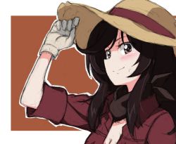 Rule 34 | 1girl, adjusting clothes, adjusting headwear, bandana, belle (girls und panzer), black bandana, black eyes, black hair, brown background, brown hat, closed mouth, collared shirt, commentary, cowboy hat, girls und panzer, gloves, grey gloves, hat, highres, kayabakoro, long hair, looking at viewer, outline, outside border, partially unbuttoned, red shirt, shirt, sketch, smile, solo, straw hat, upper body, white outline