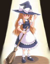 Rule 34 | aisaka taiga, apron, broom, brown eyes, brown hair, cosplay, crossover, dress, flat chest, hat, hat ribbon, kirisame marisa, kirisame marisa (cosplay), light, long hair, padawan (pixiv42380), ribbon, shirt, shoes, socks, solo, toradora!, touhou, white socks, witch, witch hat, wooden floor