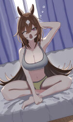 Rule 34 | 1girl, absurdres, ahiru3desuyo, alternate costume, animal ears, arm up, armpits, blue curtains, breasts, brown hair, cleavage, commentary request, grey sports bra, hair between eyes, highres, horse ears, horse girl, horse tail, large breasts, long hair, looking at viewer, multicolored hair, on bed, one eye closed, open mouth, panties, red eyes, sirius symboli (umamusume), sitting, solo, sports bra, squeans, streaked hair, tail, tank top, umamusume, underwear, very long hair, waking up, white hair, yawning, yellow panties