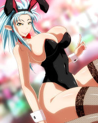 Rule 34 | 1girl, 286c, animal ears, blue hair, breasts, curvy, earrings, fake animal ears, female focus, fishnets, hair ornament, highleg, highres, huge breasts, jewelry, leotard, long hair, looking at viewer, playboy bunny, rabbit ears, ryouko (tenchi muyou!), shiny skin, sitting, smile, solo, tenchi muyou!, thighhighs, wariza, wide hips, yellow eyes