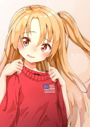 Rule 34 | 1girl, ame., american flag, american flag print, azur lane, blush, brown eyes, cleveland (azur lane), commentary request, flag print, hair between eyes, head tilt, holding, holding sweater, light brown hair, long hair, looking at viewer, parted lips, red sweater, side ponytail, smile, solo, sweater, very long hair