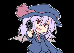 Rule 34 | 1girl, 216, aiming, aiming at viewer, alternate costume, bat wings, black background, blue headwear, blue jacket, blue skirt, bow, collared shirt, finger on trigger, formal, frills, gun, hat, hat ribbon, head tilt, jacket, light purple hair, long sleeves, mob cap, necktie, red bow, red neckwear, red ribbon, remilia scarlet, ribbon, shirt, short hair, skirt, suit, suit jacket, touhou, weapon, white shirt, wings