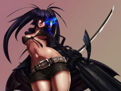 Rule 34 | 1girl, absurdres, areola slip, arm cannon, belt, belt buckle, bikini, bikini top only, black hair, black rock shooter, black rock shooter (character), black sclera, blue eyes, breasts, breasts apart, buckle, colored sclera, commentary, covered erect nipples, dual wielding, english commentary, flaming eye, front-tie bikini top, front-tie top, glowing, glowing eye, highres, holding, huge weapon, katana, long hair, looking at viewer, medium breasts, midriff, pink background, reverse grip, scar, shiny skin, shorts, signhereplease, solo, swimsuit, sword, thick thighs, thighs, twintails, underboob, weapon
