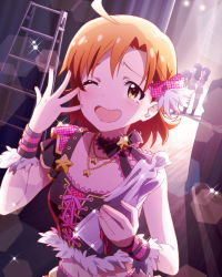 Rule 34 | 10s, 1girl, artist request, brown hair, hair ornament, idolmaster, idolmaster million live!, jewelry, midriff, musical note, necklace, official art, one eye closed, short hair, smile, tears, wink, yabuki kana, yellow eyes