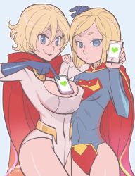 Rule 34 | 10s, 2014, 2girls, animification, arm up, asymmetrical docking, belt, blonde hair, blue background, blue eyes, blue gloves, bob cut, breast press, breasts, cape, cellphone, cleavage, cleavage cutout, clothing cutout, covered navel, cowboy shot, dated, dc comics, eyebrows, flat chest, flat color, from side, gloves, hand on another&#039;s head, heart, holding, kryptonian, large breasts, leotard, long hair, looking at viewer, multiple girls, object on breast, outline, parted bangs, parted lips, phone, power girl, purple eyes, red cape, ricken, short hair, signature, simple background, smartphone, smile, standing, supergirl, superhero costume, superman (series), swept bangs, tawawa challenge, thighs, wavy hair