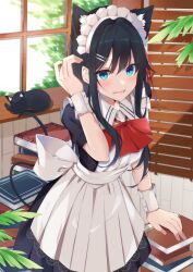 Rule 34 | 1girl, alternate costume, animal ears, apron, black cat, black hair, blush, book, book stack, bow, bowtie, cat, cat ears, chroemaguro, commentary request, enmaided, frills, green eyes, hair between eyes, hair ornament, hairclip, hand up, indoors, long hair, looking at viewer, lower teeth only, maid, maid apron, maid headdress, open mouth, plant, red bow, red bowtie, short sleeves, sidelocks, solo, standing, tail, teeth, white apron, window, wrist cuffs, yahari ore no seishun lovecome wa machigatteiru., yukinoshita yukino