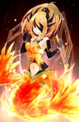 Rule 34 | 1girl, alternate form, armlet, azuki (nicoseiga14173008), bare shoulders, blonde hair, bracelet, breasts, centauroid, claws, cleavage, closed mouth, clothing cutout, commentary, dragon girl, dragon horns, dragon wings, duel monster, elbow gloves, fire, gloves, hair between eyes, hands up, harp, high ponytail, highres, holding, holding instrument, horns, instrument, jewelry, looking at viewer, navel, navel cutout, queen dragun djinn, red eyes, diamond (shape), sidelocks, skull, smile, solo, taur, wings, yu-gi-oh!