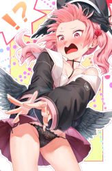 Rule 34 | !?, 1girl, absurdres, bad id, bad pixiv id, black panties, black shirt, blue archive, blush, breasts, cleavage, collarbone, commentary, cowboy shot, crotch seam, dotted line, english commentary, feathered wings, groin, head wings, highres, koharu (blue archive), long hair, long sleeves, low wings, miniskirt, off shoulder, open mouth, outline, panties, pantyshot, pink eyes, pink hair, pink skirt, pleated skirt, shirt, skirt, solo, string panties, sweat, tamayume, twintails, underwear, white outline, wind, wind lift, wings