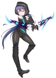 Rule 34 | 1girl, absurdres, blue hair, bow, full body, gloves, grey eyes, highres, hood, hoodie, leopard, looking at viewer, maplestory, pantyhose, pathfinder (maplestory), ponytail, solo, tight clothes, weapon