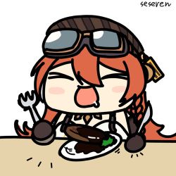 Rule 34 | &gt; &lt;, 1girl, animated, animated gif, burger patty, character request, closed eyes, drooling, food, fork, hat, knife, long hair, lowres, open mouth, red: pride of eden, seseren