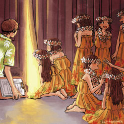 Rule 34 | 1boy, 6+girls, :d, arm at side, arms behind back, backlighting, backstage, bare arms, bare shoulders, barefoot, black eyes, brown hair, clenched hand, clipboard, commentary request, covered eyes, curtains, dark, dot nose, dress, eye contact, facing away, facing viewer, floral print, flower, flower necklace, flower wreath, from behind, from side, full body, green shirt, hair behind ear, hand up, hands up, head wreath, headset, highres, holding, holding clipboard, indoors, kawai chihiro, leaf print, leaning forward, lei, light, long dress, long hair, looking at another, looking down, looking to the side, looking up, matching outfits, multiple girls, on floor, open hand, open mouth, original, out of frame, paper, peeking, peeking out, pleated dress, print dress, print shirt, profile, seiza, shade, shirt, short hair, short sleeves, signature, sitting, smile, soles, stage curtains, standing, strapless, strapless dress, tareme, wavy hair, white flower, yellow dress