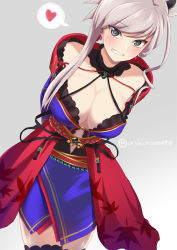 Rule 34 | 1girl, arms behind back, ashino moto, asymmetrical hair, black thighhighs, blue kimono, breasts, cleavage, cowboy shot, earrings, fate/grand order, fate (series), grey background, grey eyes, grin, heart, highres, japanese clothes, jewelry, kimono, large breasts, leaning forward, long hair, looking at viewer, magatama, miyamoto musashi (fate), miyamoto musashi (third ascension) (fate), shiny skin, short kimono, silver hair, simple background, smile, solo, speech bubble, standing, swept bangs, thighhighs, zettai ryouiki
