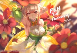 Rule 34 | 1girl, arm up, armpits, bare shoulders, blonde hair, blush, breasts, cleavage, dress, fairy wings, fire emblem, fire emblem heroes, flower, gradient hair, long hair, multicolored hair, nintendo, official art, peony (fire emblem), pointy ears, purple eyes, red flower, sideboob, skindentation, sleeveless, smile, solo, sweat, twintails, wings, yoshiku (oden-usagi)