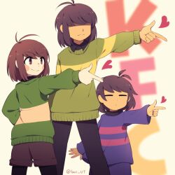Rule 34 | 3others, antenna hair, arm up, artist name, back, black pants, black pantyhose, black shirt, blurry, brown eyes, brown hair, brown shorts, chara (undertale), closed eyes, closed mouth, collared shirt, covered eyes, deltarune, frisk (undertale), green sweater, hand on own hip, heart, index finger raised, kris (deltarune), lari-lab, long sleeves, looking to the side, multiple others, pants, pantyhose, puffy long sleeves, puffy sleeves, purple pants, purple sweater, shirt, short hair, shorts, simple background, single stripe, smile, standing, striped clothes, striped sweater, sweater, turtleneck, turtleneck sweater, undertale, wide sleeves, yellow background