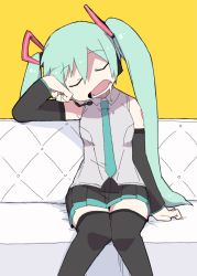 Rule 34 | 1girl, aqua hair, arm support, black thighhighs, commentary, couch, detached sleeves, dokan (dkn), drooling, closed eyes, hatsune miku, long hair, necktie, simple background, sleeping, solo, thighhighs, twintails, very long hair, vocaloid