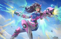 Rule 34 | 1girl, acronym, adapted costume, airborne, anna lynn, armor, artist name, blue bodysuit, blue sky, bodysuit, breasts, brown eyes, brown hair, cannon, cloud, commentary, cowboy shot, d.va (overwatch), day, debris, energy barrier, energy shield, english commentary, exoskeleton, facepaint, facial mark, facing viewer, firing, floating hair, flying, framed breasts, green-tinted eyewear, gun, happy, headphones, highres, jetpack, long hair, looking at viewer, matching hair/eyes, mecha musume, medium breasts, meka (overwatch), nose, open mouth, outdoors, overwatch, overwatch 1, parted lips, pilot suit, pink lips, power armor, shield, shoulder pads, signature, sky, smile, solo, swept bangs, teeth, tinted eyewear, visor, weapon, whisker markings