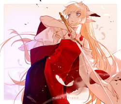 Rule 34 | 1girl, black skirt, blonde hair, blue eyes, braid, copyright name, detached sleeves, dress, falia the queen of the mountains, feathers, highres, holding, holding sword, holding weapon, joseph lee, long hair, looking afar, pixiv fantasia, pixiv fantasia last saga, pointy ears, red dress, sidelocks, simple background, skirt, solo, standing, sword, twin braids, very long hair, weapon, wide sleeves