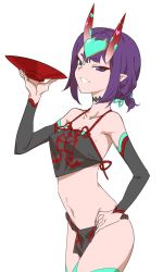 Rule 34 | 1girl, bad id, bad twitter id, bare shoulders, breasts, chinese clothes, cirnocchi, collarbone, cup, detached sleeves, dudou, eyeliner, fate/grand order, fate (series), forehead jewel, fundoshi, hand on own hip, headpiece, highres, hip focus, horns, japanese clothes, low twintails, makeup, navel, oni, parted lips, pelvic curtain, purple eyes, purple hair, rope, sakazuki, short eyebrows, short hair, short twintails, shuten douji (fate), shuten douji (fate/grand order), shuten douji (halloween caster) (fate), simple background, skin-covered horns, small breasts, smile, solo, twintails, white background