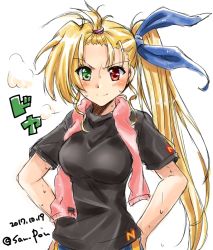 Rule 34 | &gt;:), 1girl, aged up, alternate hairstyle, black shirt, blonde hair, blue ribbon, closed mouth, commentary request, dated, green eyes, hair ribbon, hair tie, hair up, hands on own hips, heterochromia, light smile, long hair, looking at viewer, lyrical nanoha, messy hair, red eyes, ribbon, shirt, side ponytail, solo, standing, steam, sweat, t-shirt, towel, towel around neck, twitter username, upper body, v-shaped eyebrows, vivid strike!, vivio