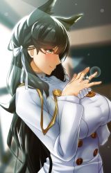 Rule 34 | 1girl, animal ears, atago (azur lane), azur lane, black hair, blush, breasts, brown eyes, buttons, closed mouth, commentary request, cowboy shot, from side, highres, jewelry, kagiyama (clave), large breasts, long hair, long sleeves, military, military uniform, mole, mole under eye, ornate ring, ring, smile, solo, uniform, upper body