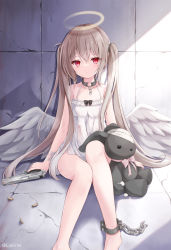 Rule 34 | 1girl, angel, angel wings, bad id, bad pixiv id, barefoot, brown hair, camisole, collar, cuffs, feathered wings, gun, halo, handgun, highres, kata rosu, legs, long hair, no pants, original, red eyes, sitting, solo, stuffed animal, stuffed toy, teddy bear, thighs, toes, twintails, weapon, white wings, wings